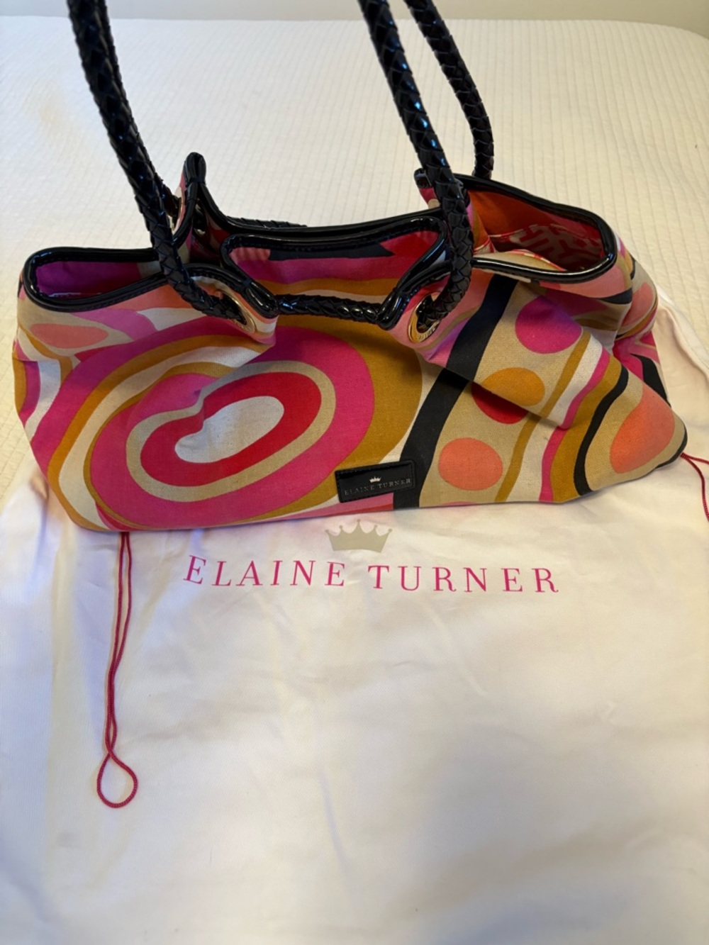 Elaine Turner Pink and Gold Printed Shoulder Tote with Black Braided Handles